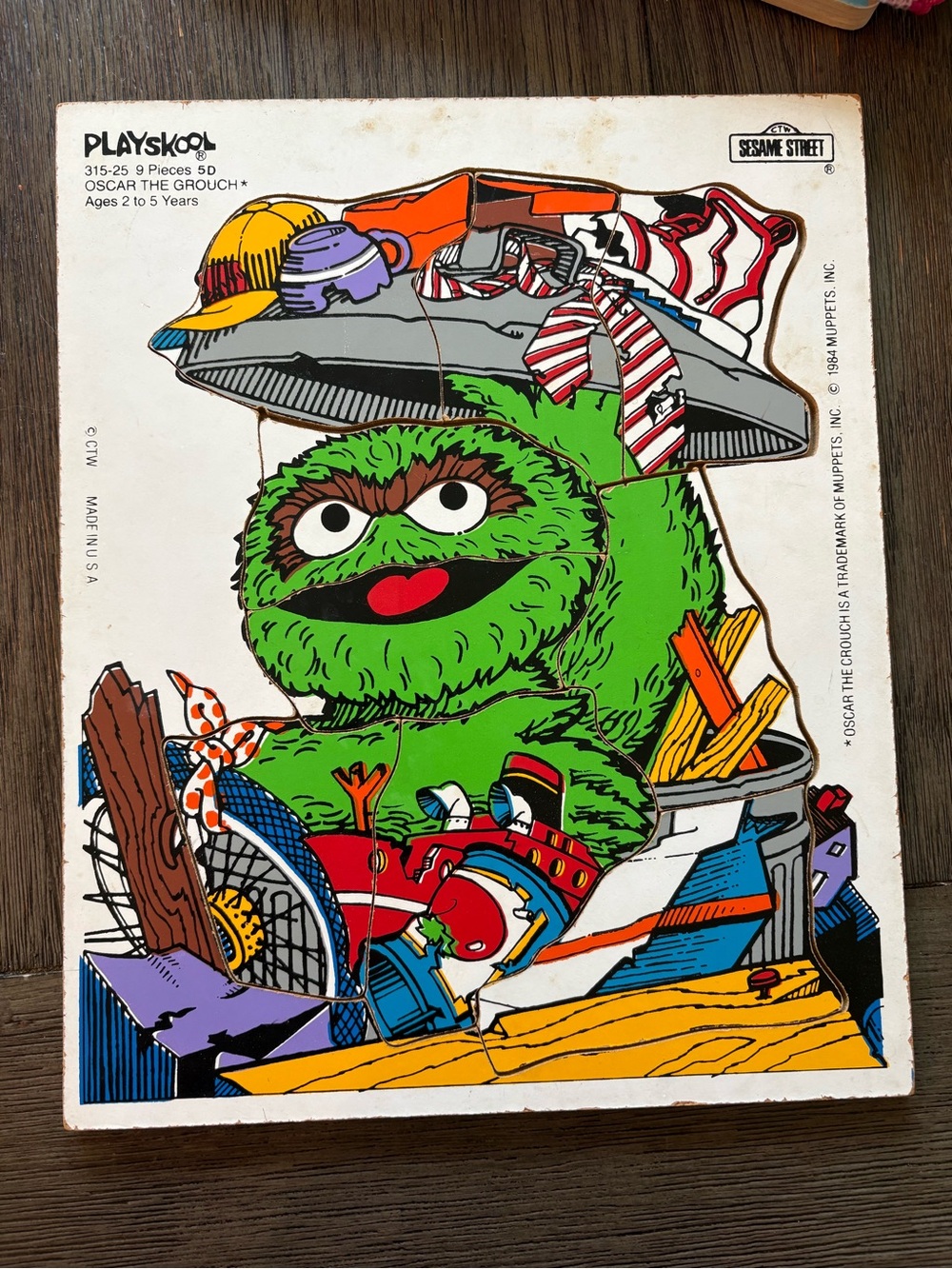 Vintage Playskool Sesame Street Wooden Tray Puzzle- Oscar the Grouch